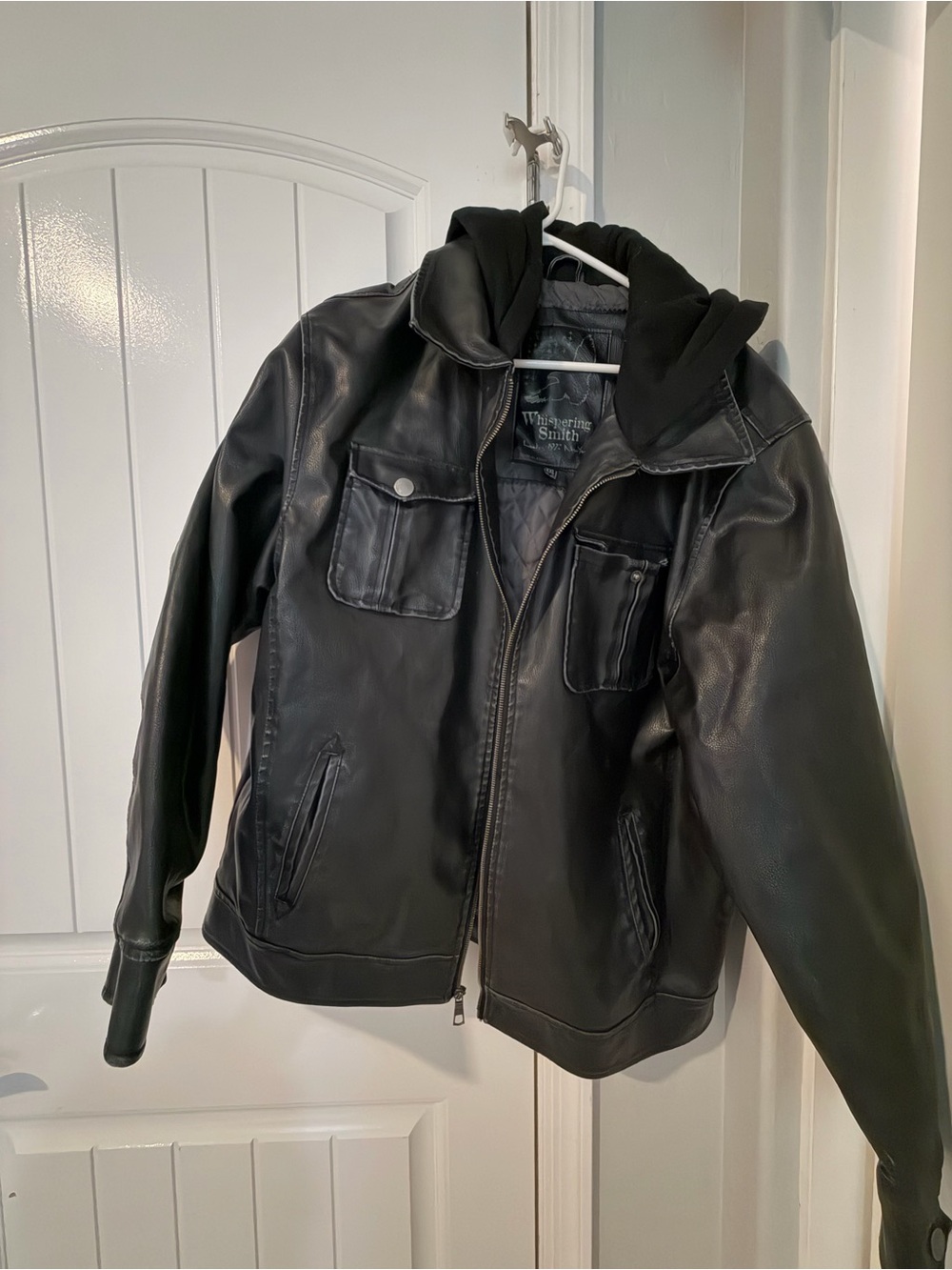 Men’s Black Leather Bomber Jacket with Hood